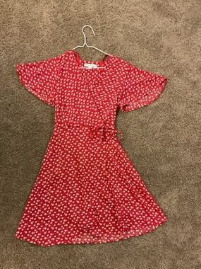 Monteau Pink Red Floral Tie-Waist Flutter Dress